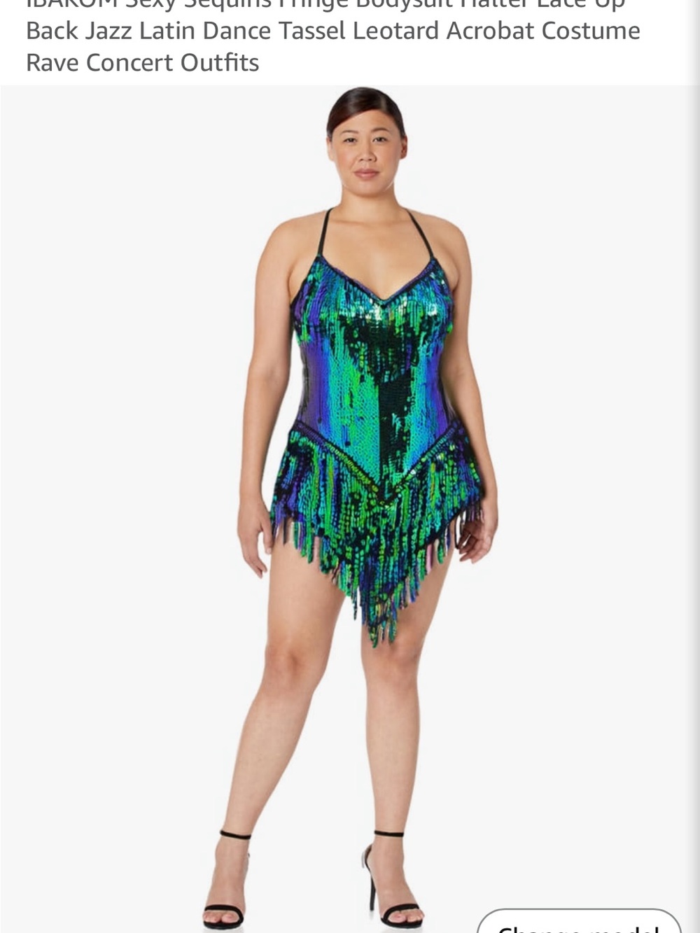 Green and Blue Sequin Fringe Bodysuit with V-Neck